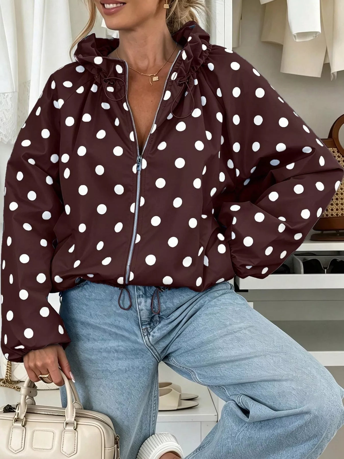 Polka Dot Drawstring Zip-Up Jacket — front view
