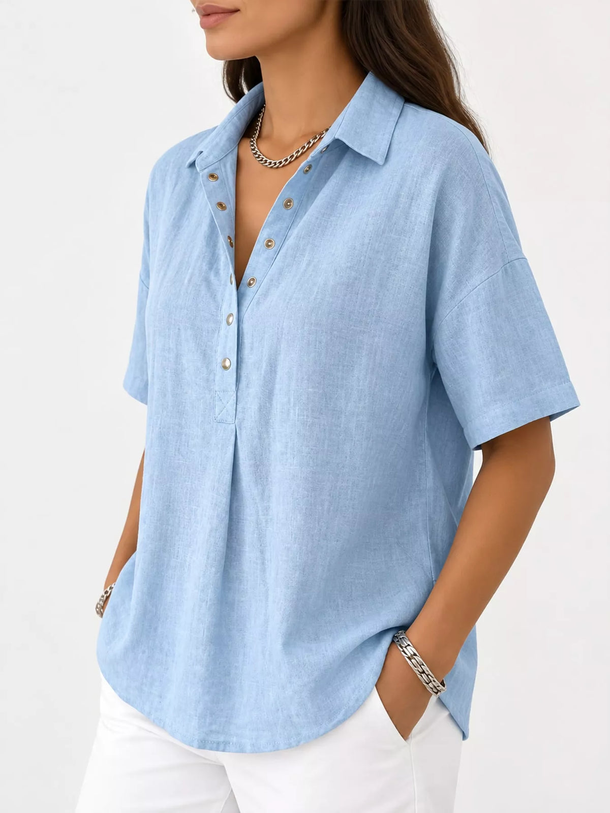 Snap Down Shirt in light blue, side view