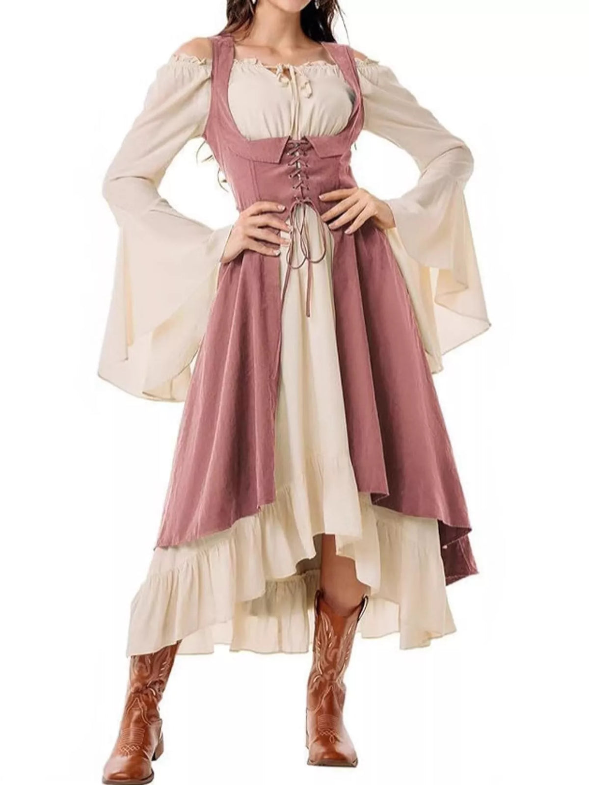 Pink corset style lace-up bell sleeve dress — front view