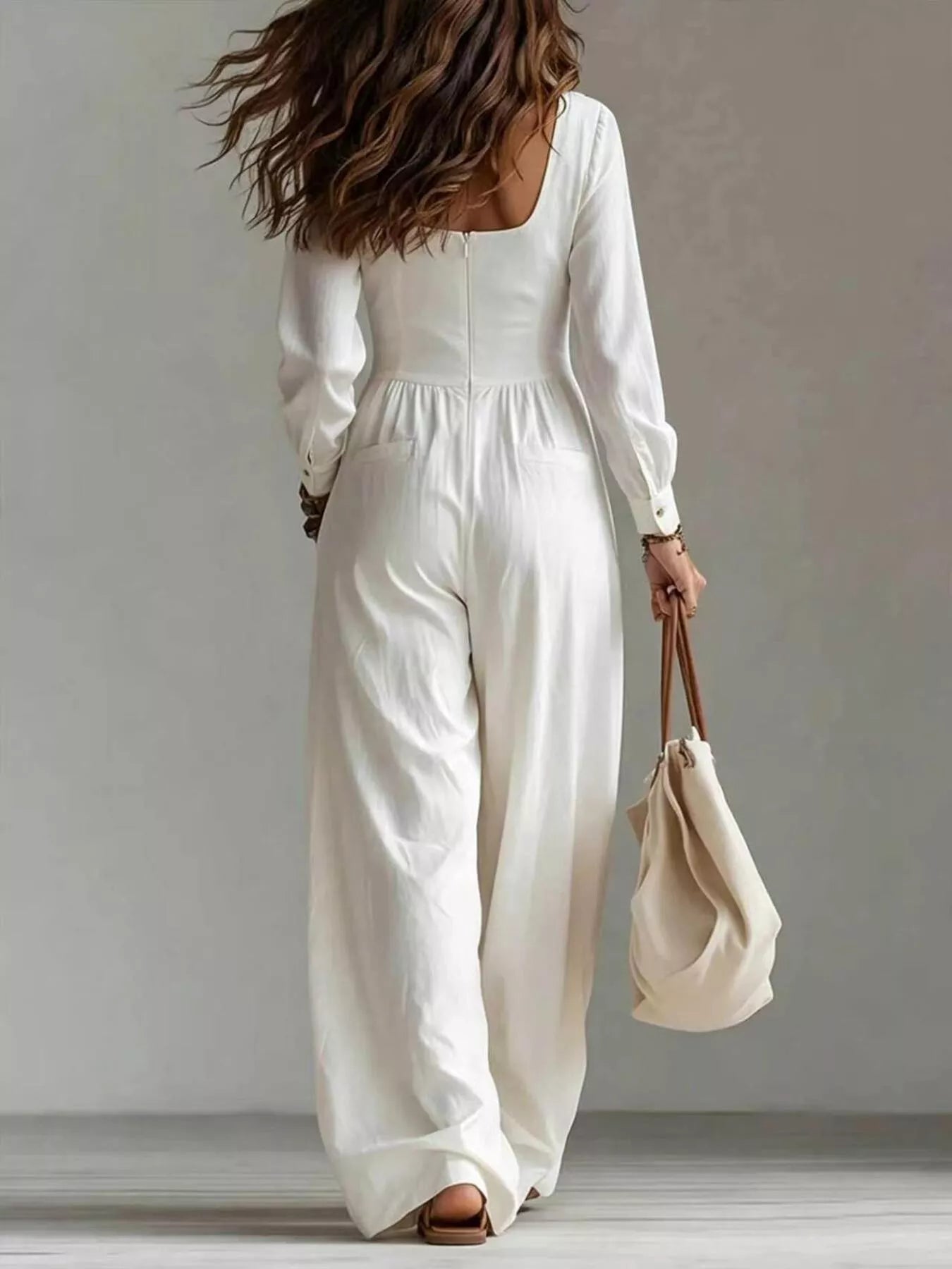Trendsi V-Neck Long Sleeve Button Front Wide-Leg Jumpsuit -