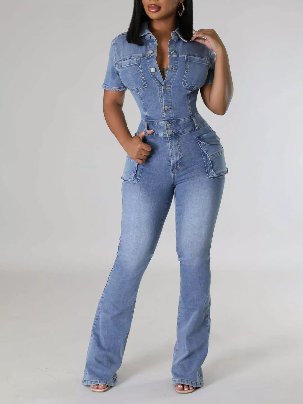 Blue flared denim cargo jumpsuit