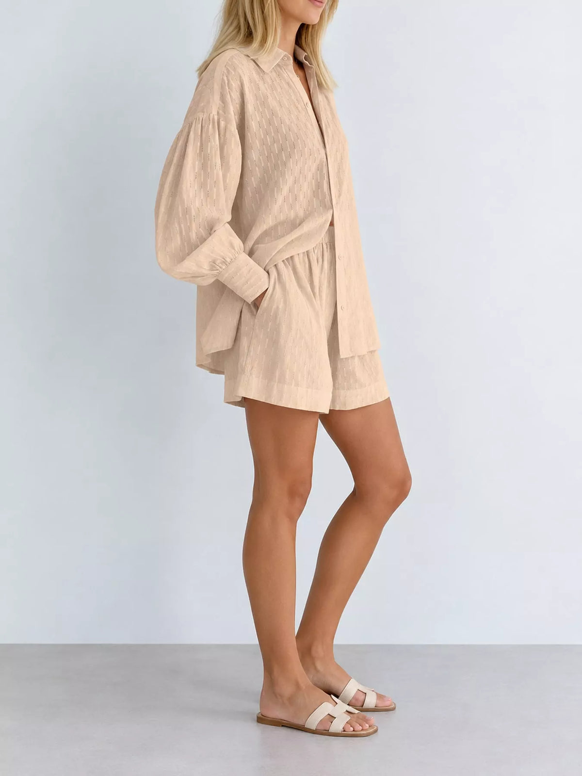 Women's Textured Button-Down Shirt and Shorts Set in beige — side view