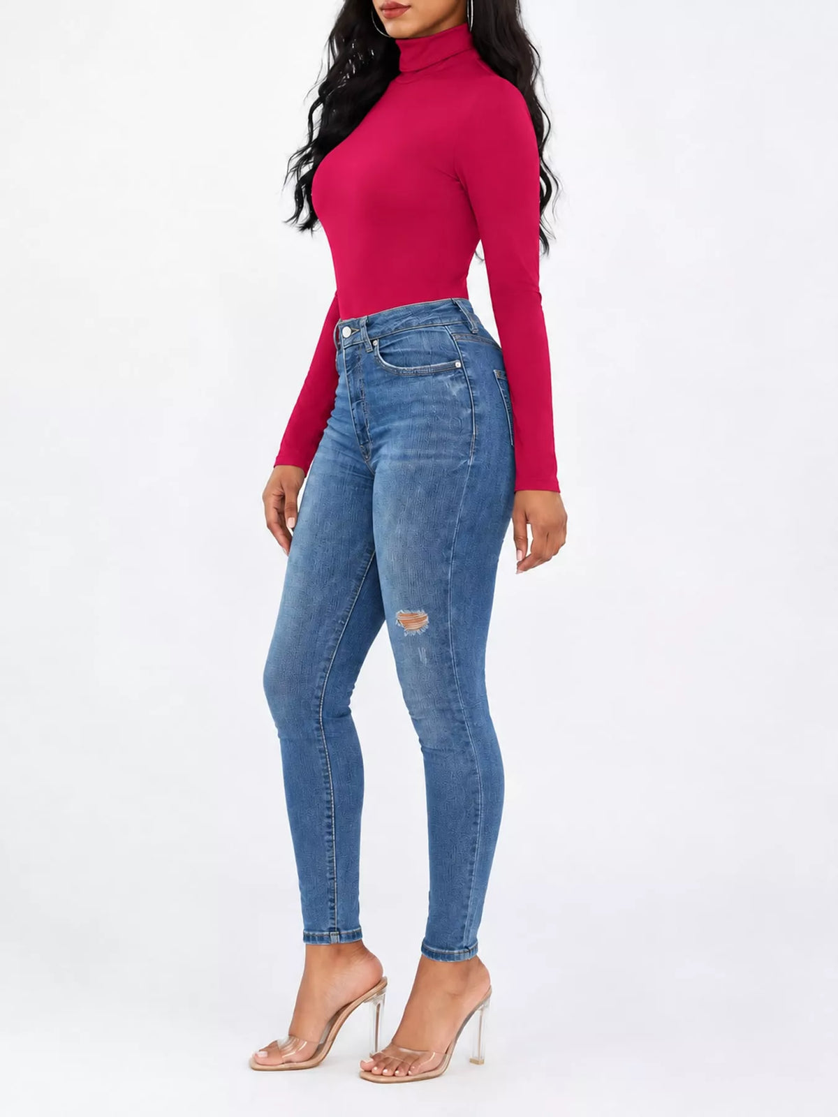 Long Sleeve Turtleneck Slim-Fit Bodysuit in red
