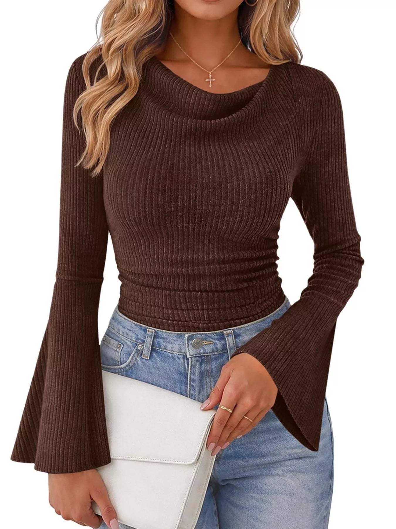 Trendsi Ribbed Knit Cowl Neck Flared Sleeves Top -