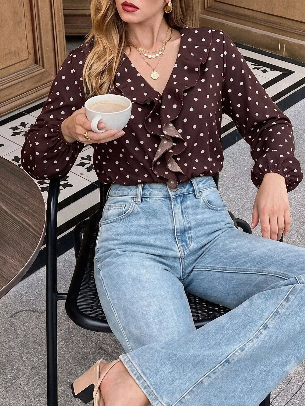 Trendsi Polka Dot Ruffled V-Neck Bodysuit -