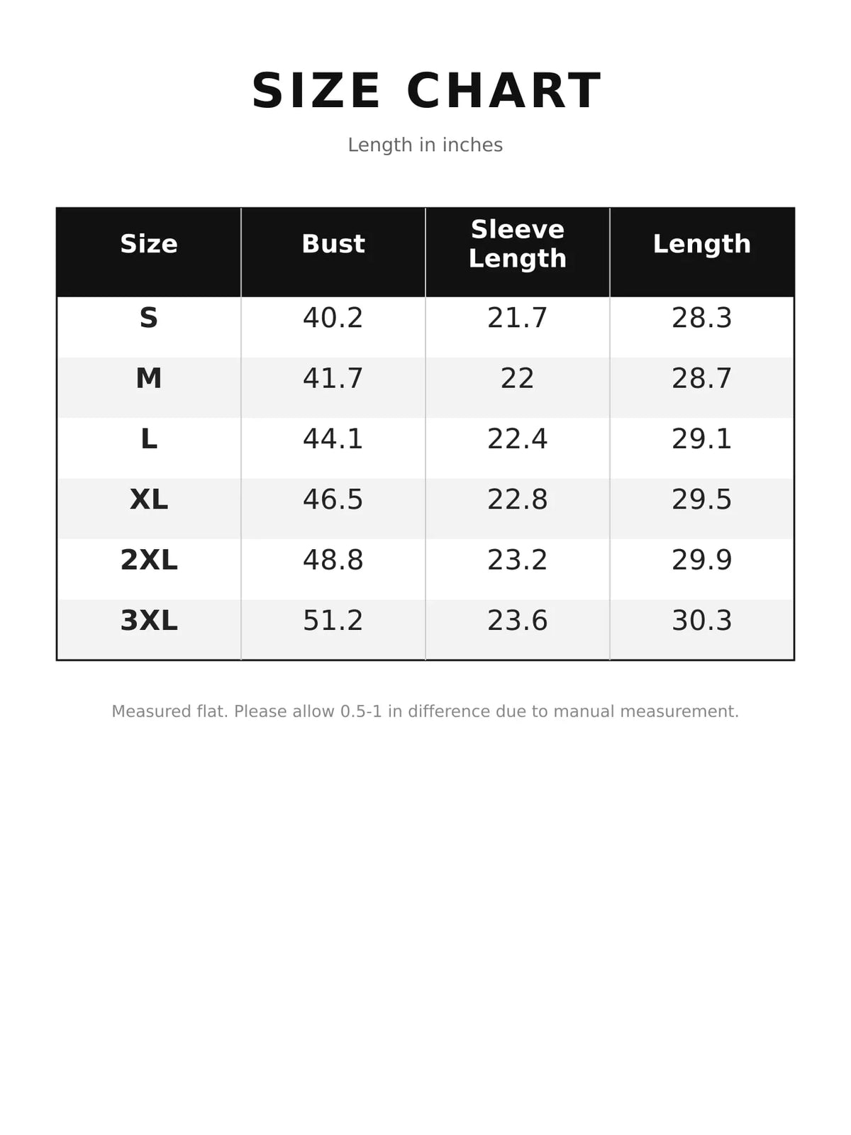 Size chart for quarter-snap sweatshirt