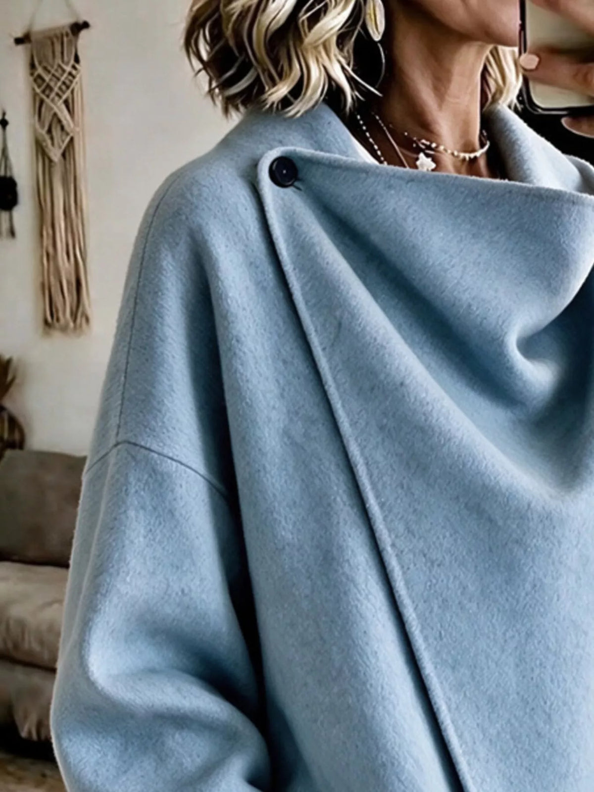 Women's Asymmetric Collar Button Detail Jacket in light blue — neckline detail view