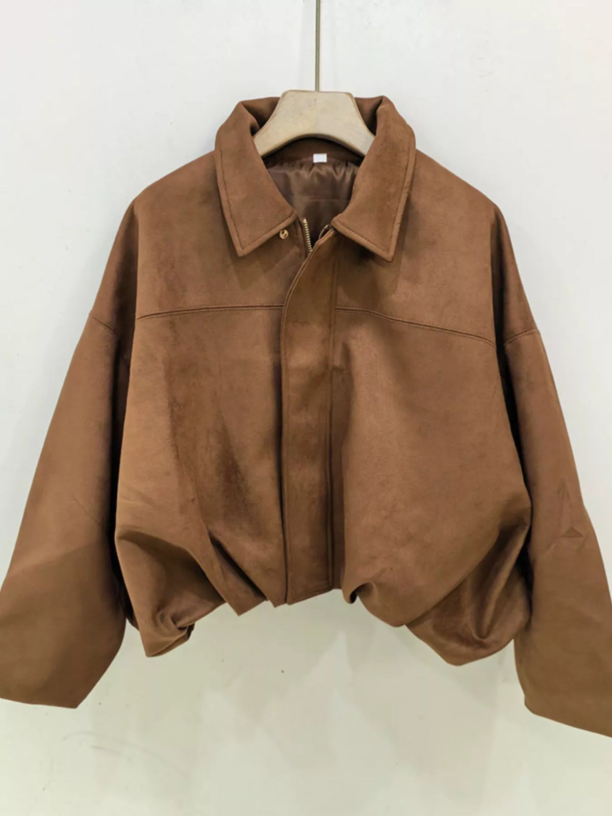 Faux Suede Collared Bomber Jacket — garment front