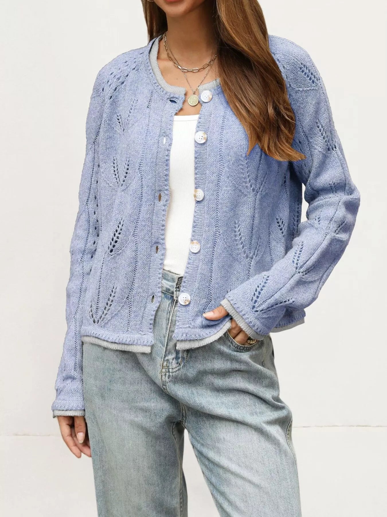 Trendsi Hollow-Out Knit Button-Down Cardigan -
