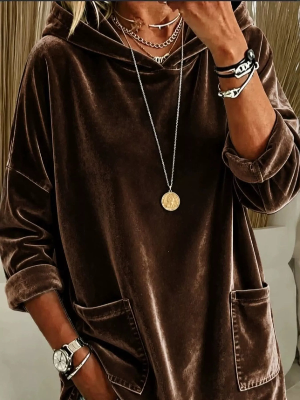Women's Velvet Front Pockets Hoodie in Coffee Brown, front view