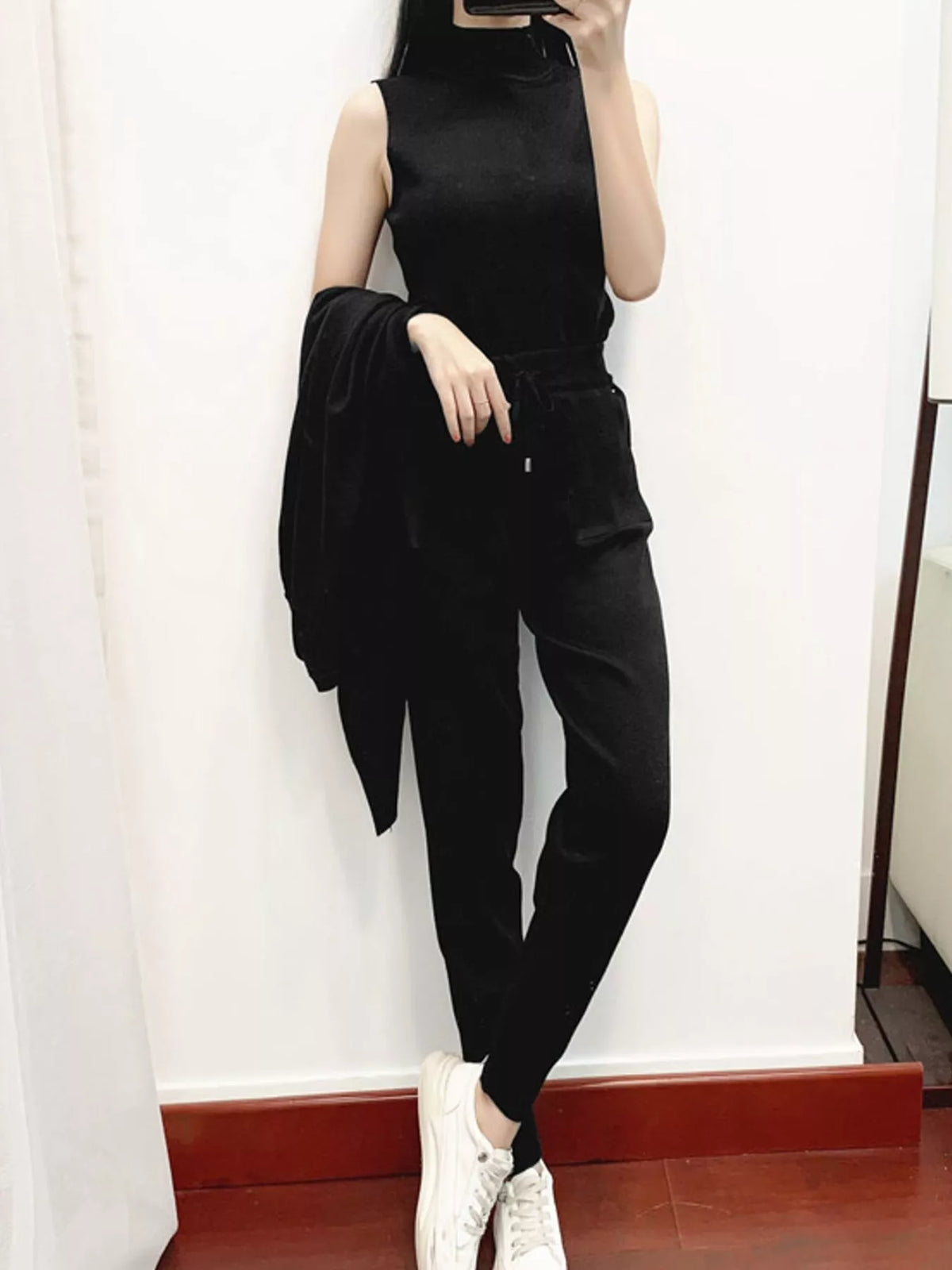 Sleeveless Top and Drawstring Joggers Sweater Set with Long Cardigan — top component