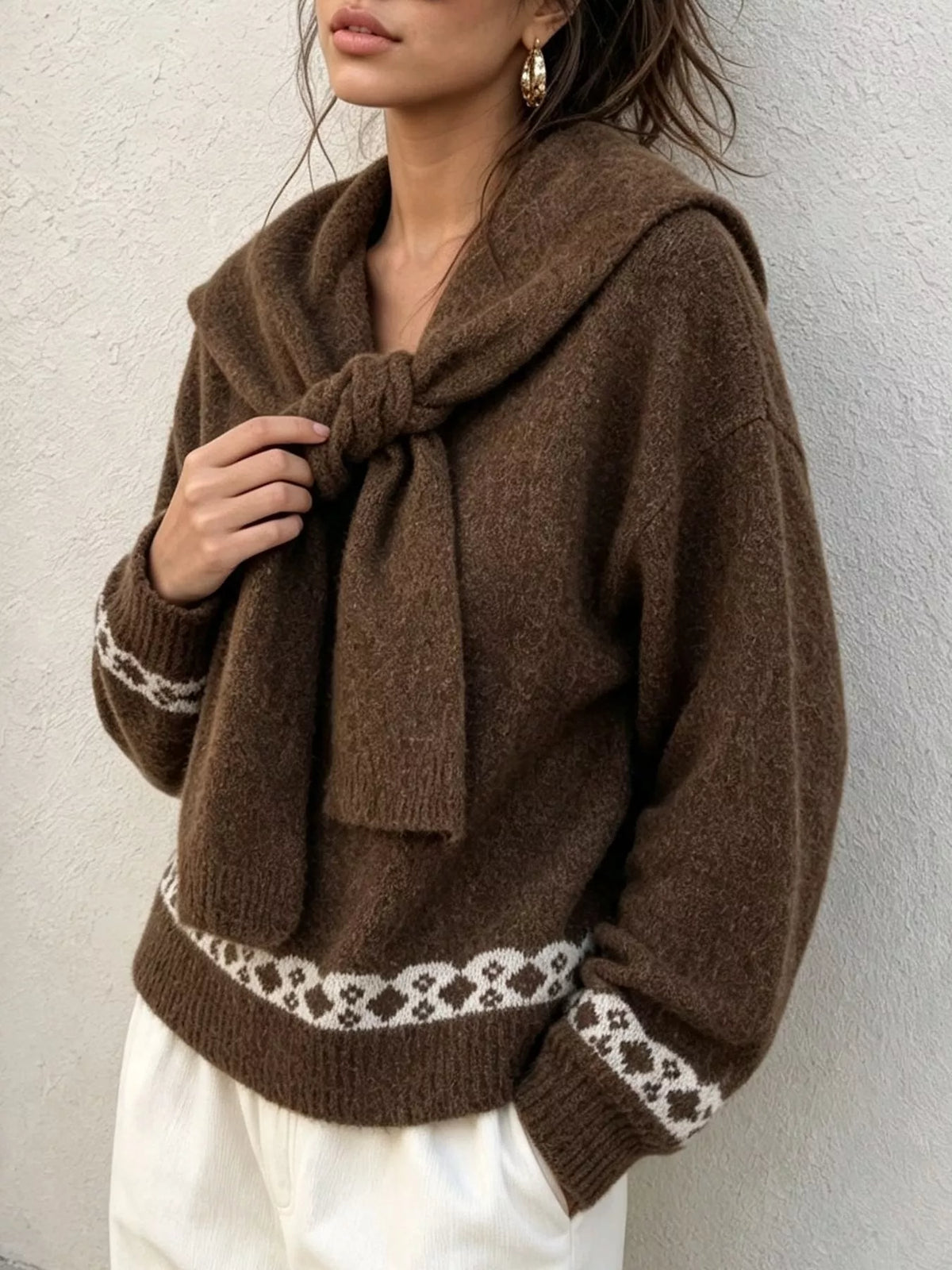 Brown scarf-detail dropped-shoulder sweater, scarf and cuff detail.