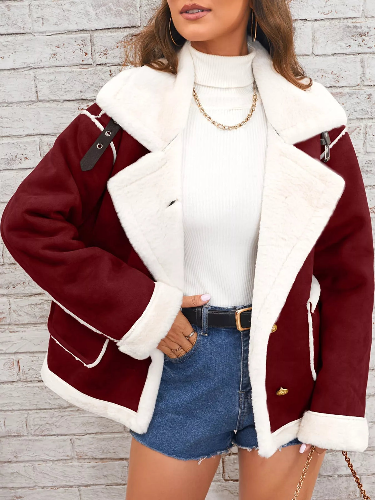 Burgundy plush-lined button-front jacket — front view