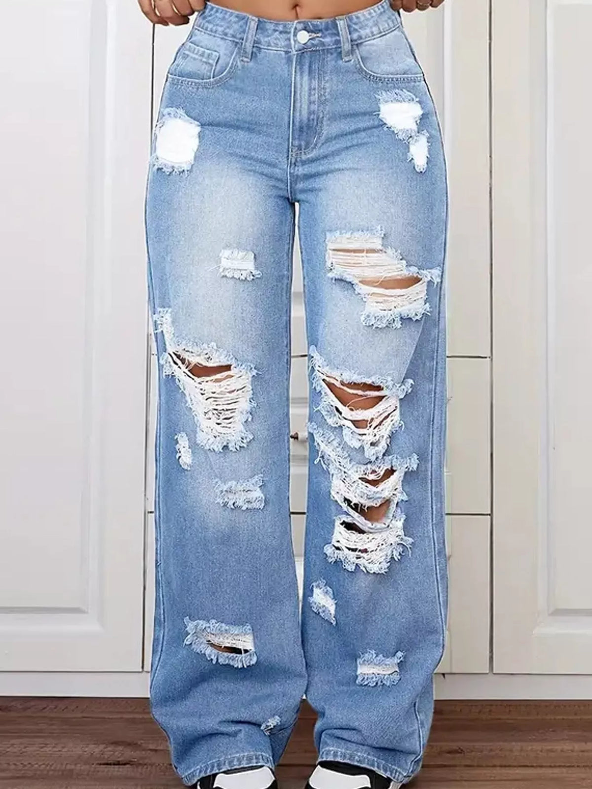 Distressed Wide-Leg Jeans in blue, front view