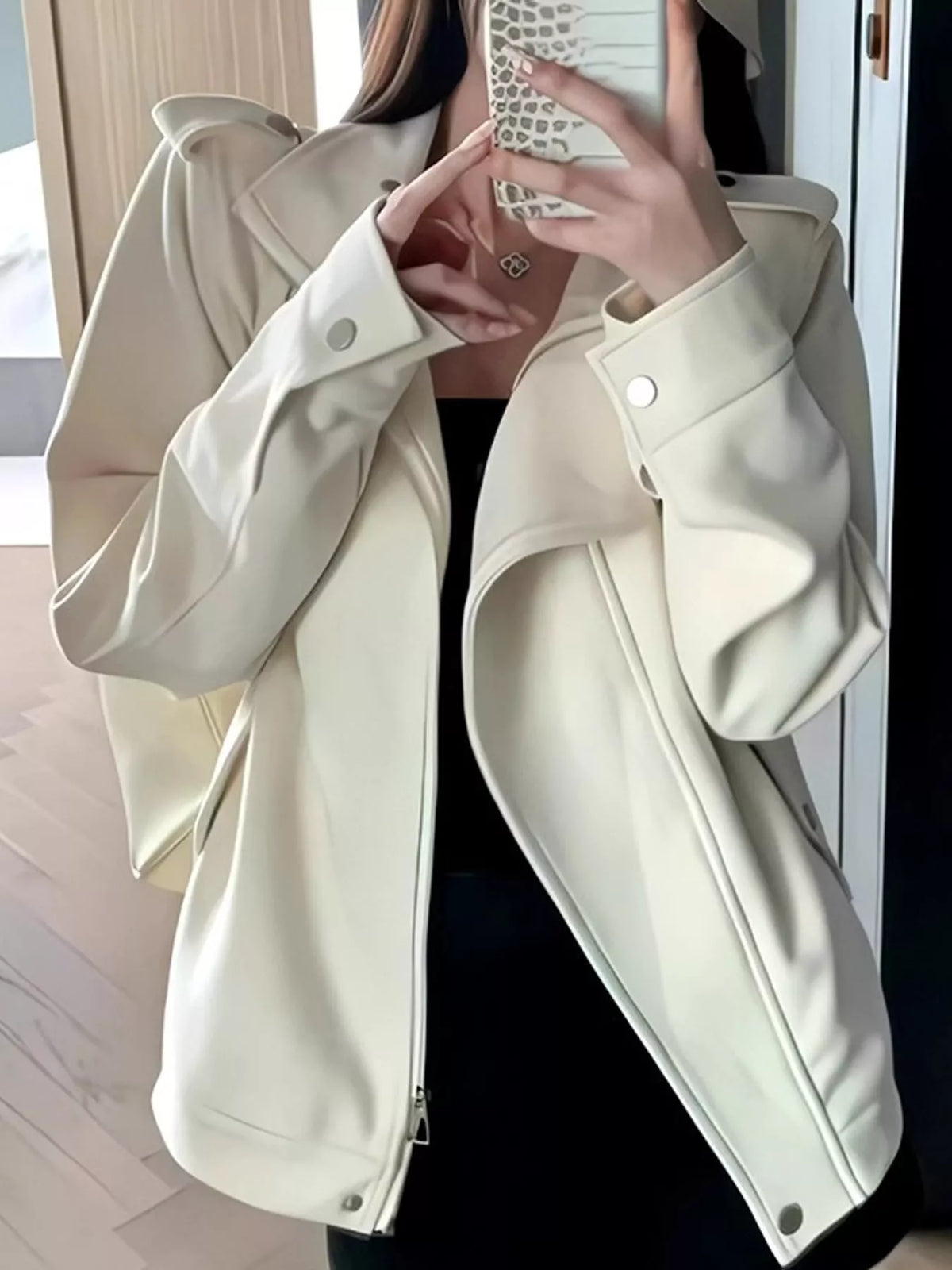 Cream asymmetric zip-up moto-style jacket