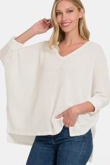 Trendsi Zenana Full Size Round Neck High-Low Slit Knit Top - Shirts