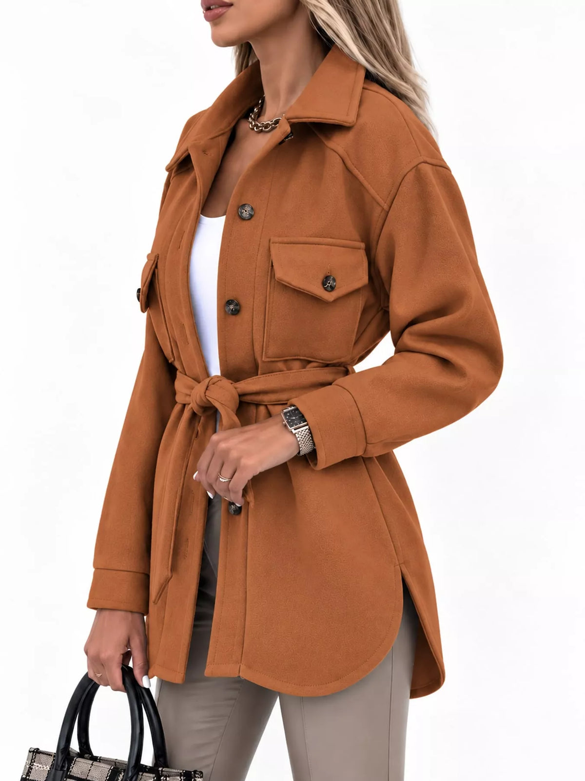 Belted Button-Down Shirt Jacket — side view