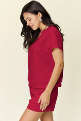Trendsi Double Take Full Size Texture Short Sleeve T-Shirt and Drawstring Shorts Set - Shorts