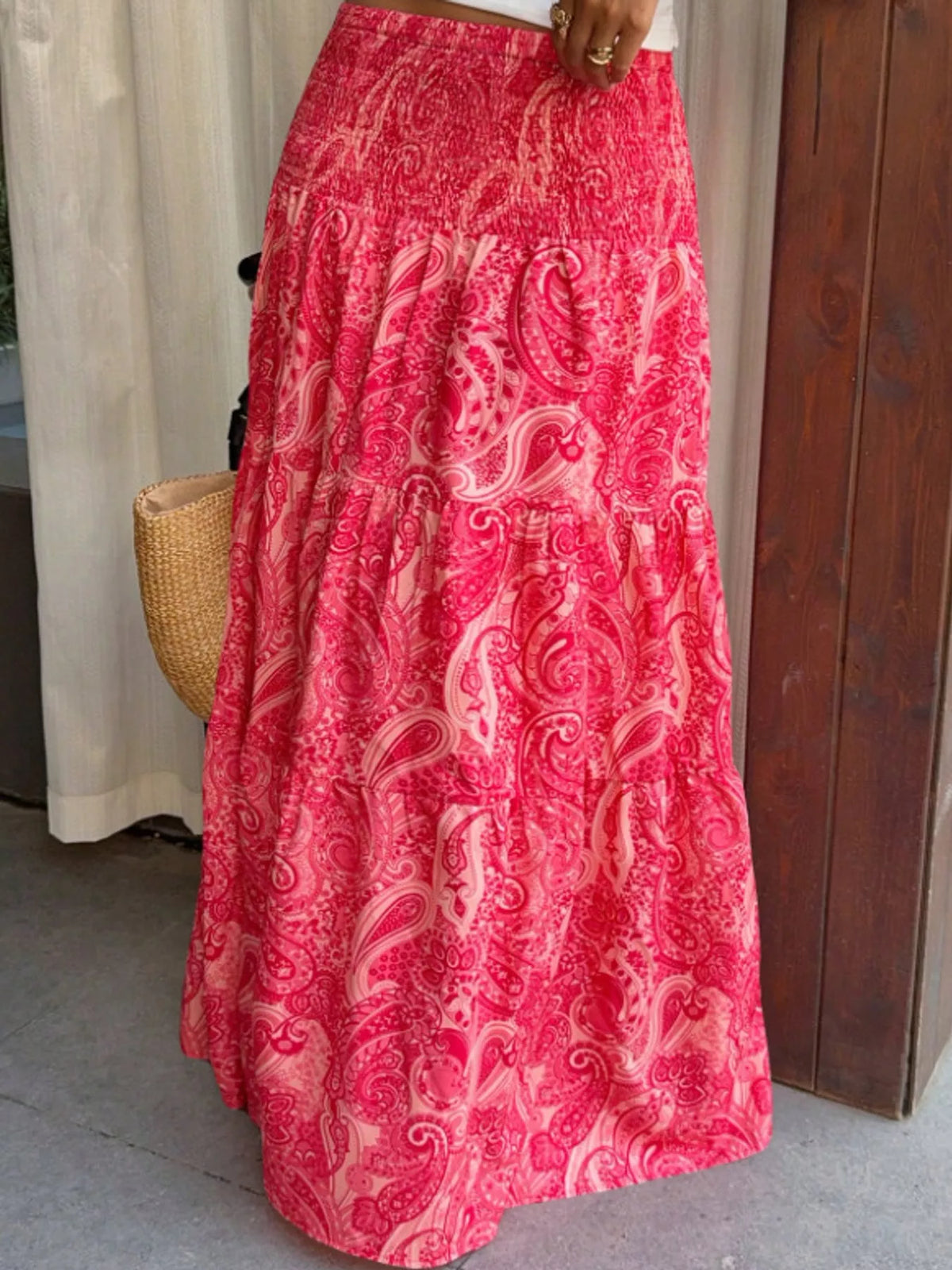 Women's Paisley Print Tiered Maxi Skirt in red — front view