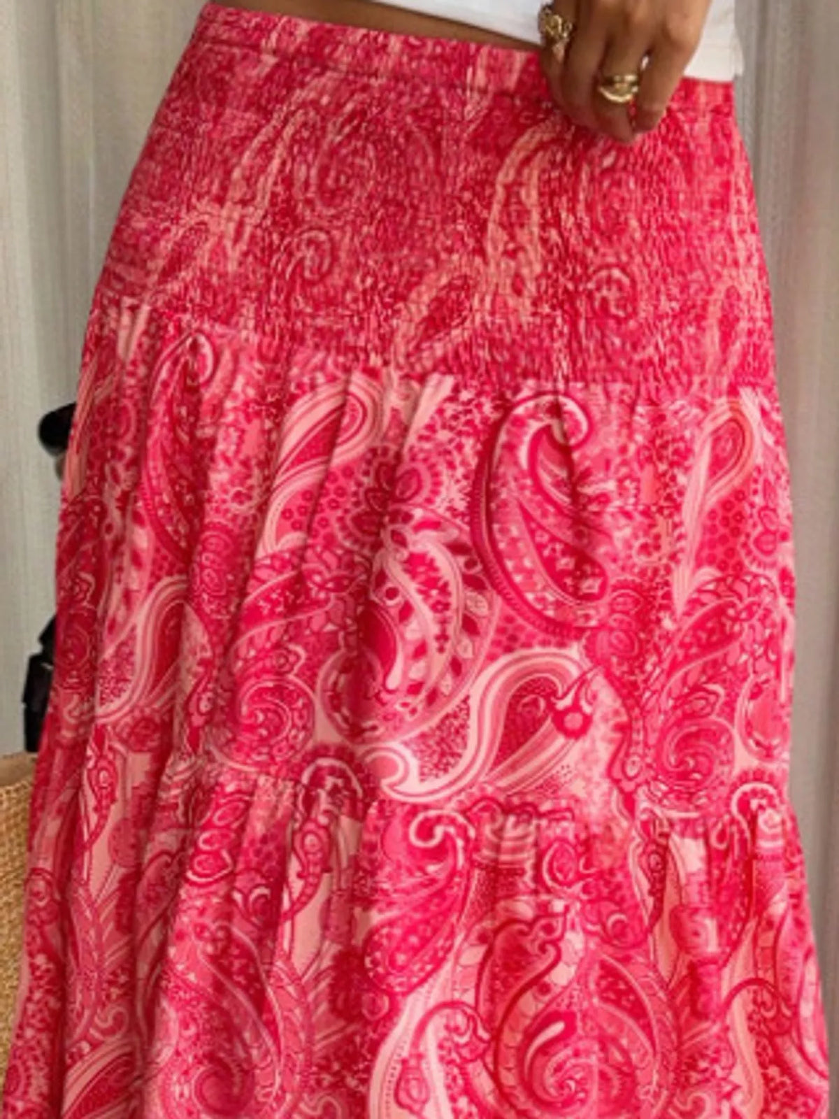 Women's Paisley Print Tiered Maxi Skirt in red — waist detail view