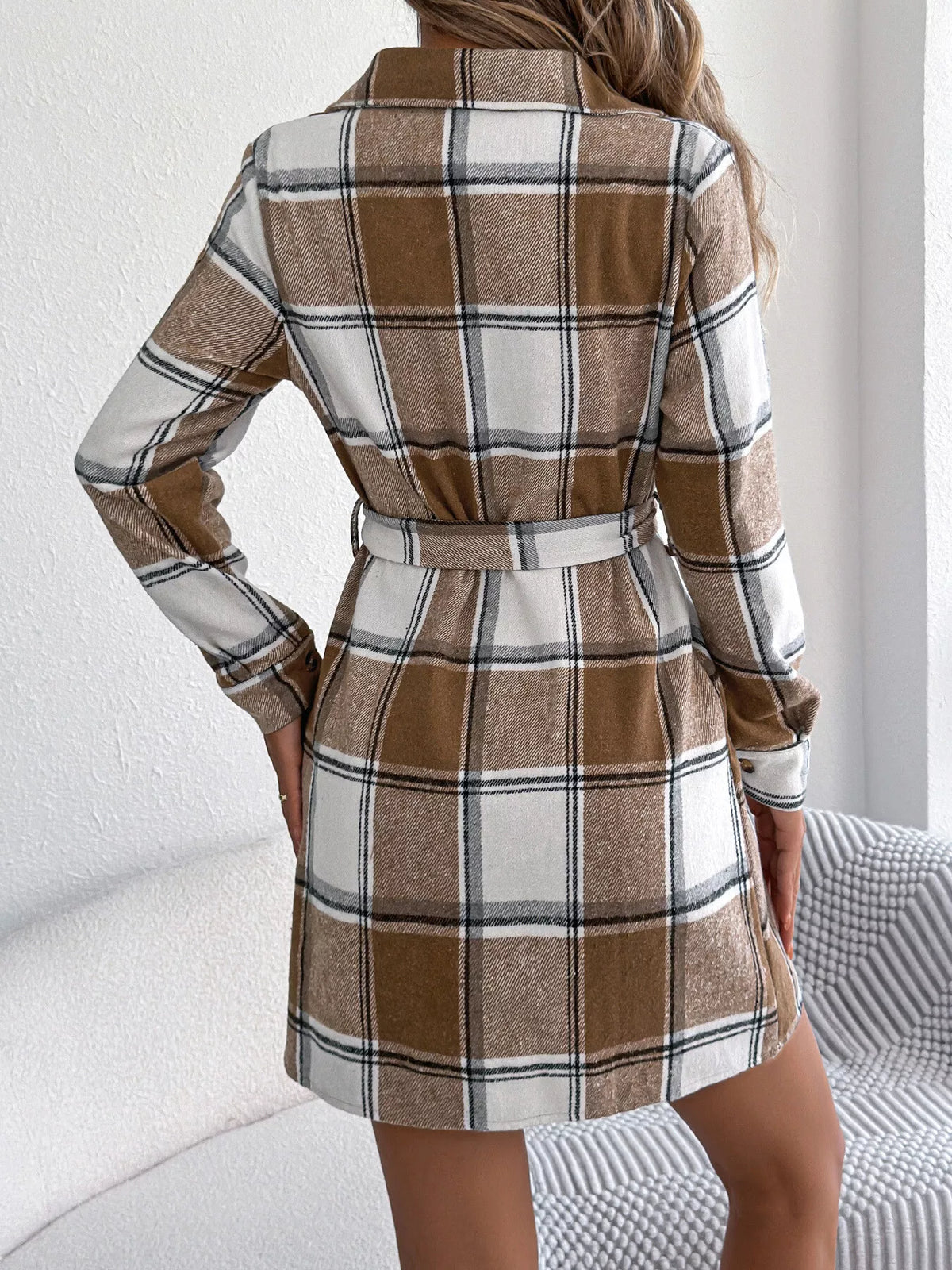 Khaki Color plaid button-front belted shirt dress, back view