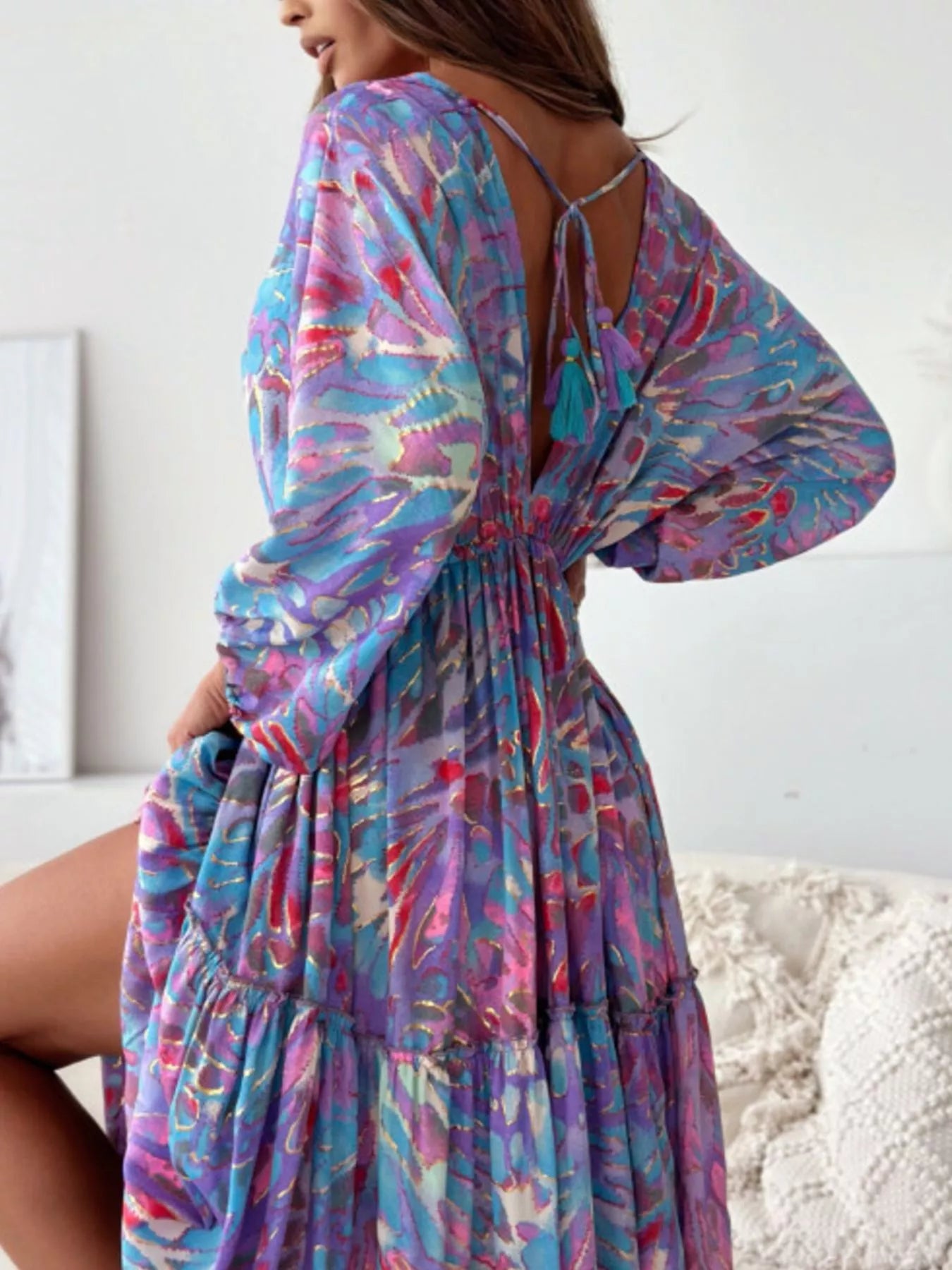 Trendsi Printed V-Neck Balloon Sleeve Slit Maxi Dress -