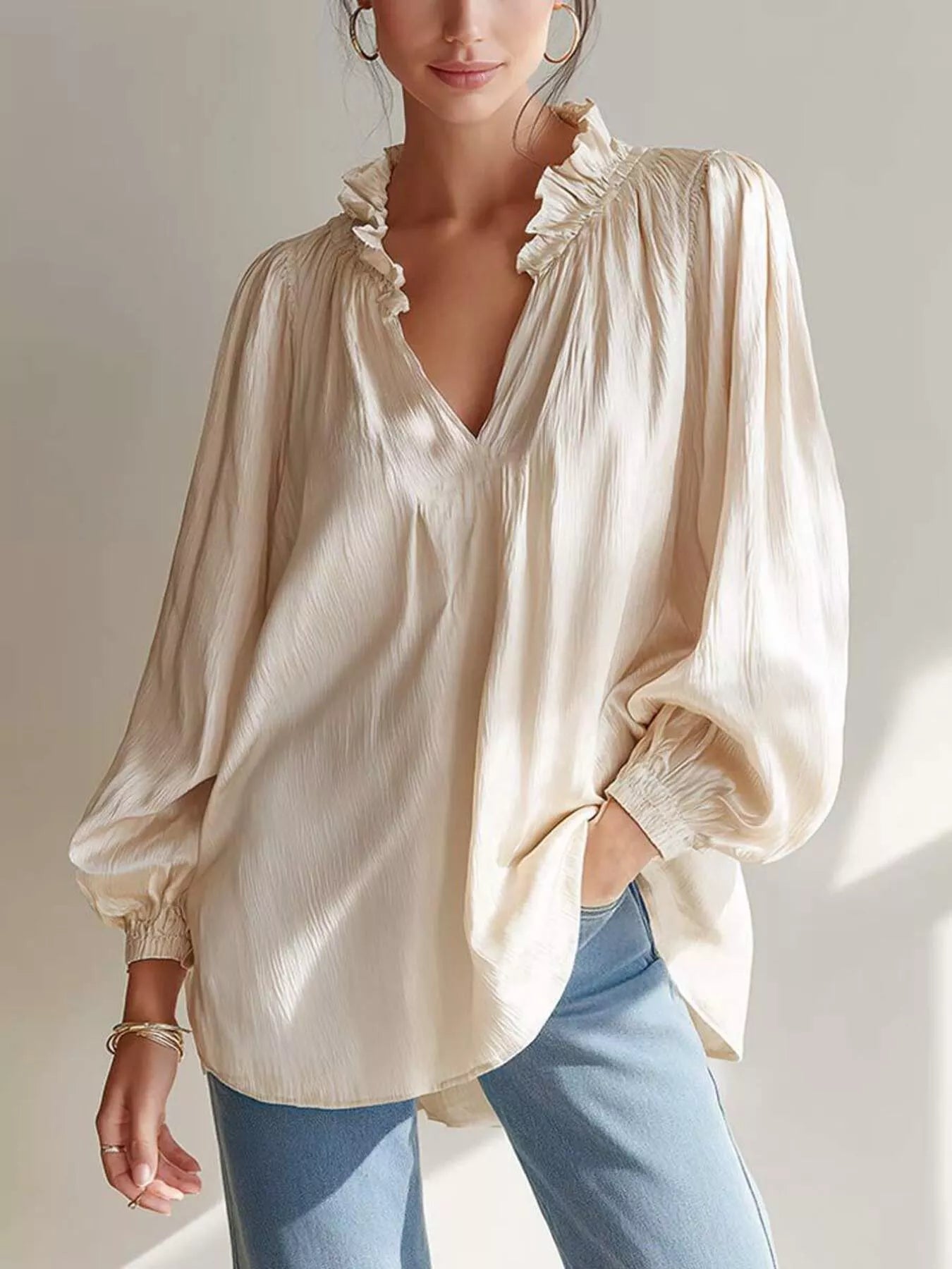Trendsi Ruffle Trim Long Sleeves Blouse -
