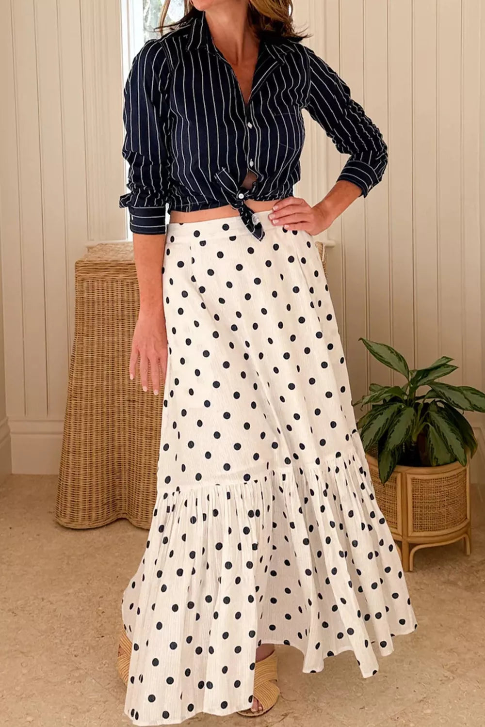 Trendsi Polka Dot Ruffled Slit Maxi Skirt -