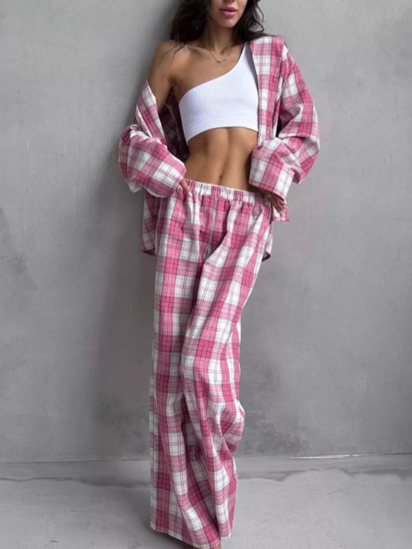 Trendsi Plaid Long Sleeve Shirt and Pants Set -