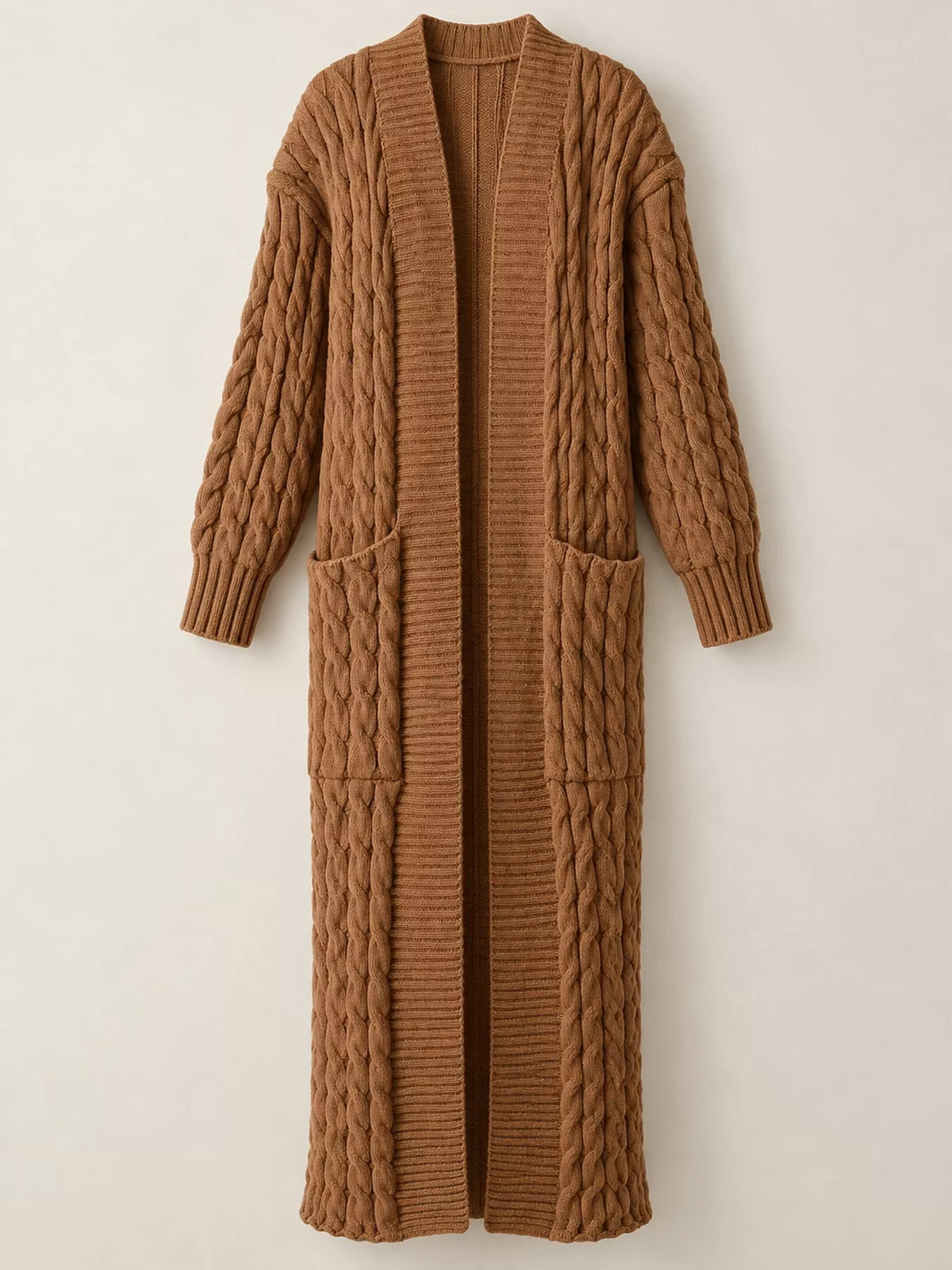 Yellowish Coffee cable-knit longline open-front cardigan