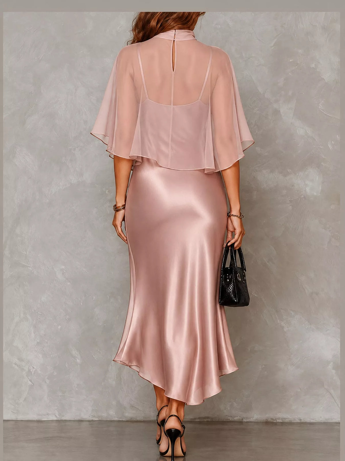 Pink satin cami dress and sheer cover up set — back view
