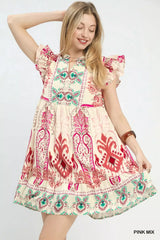 Trendsi Umgee Mix Ruffle Sleeve Boho Print Dress - Dresses