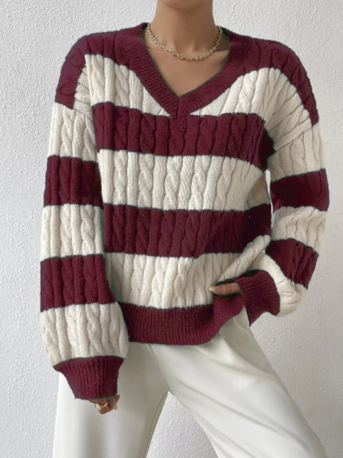 Women's V-Neck Striped Cable Knit Sweater in Dark Red, front view