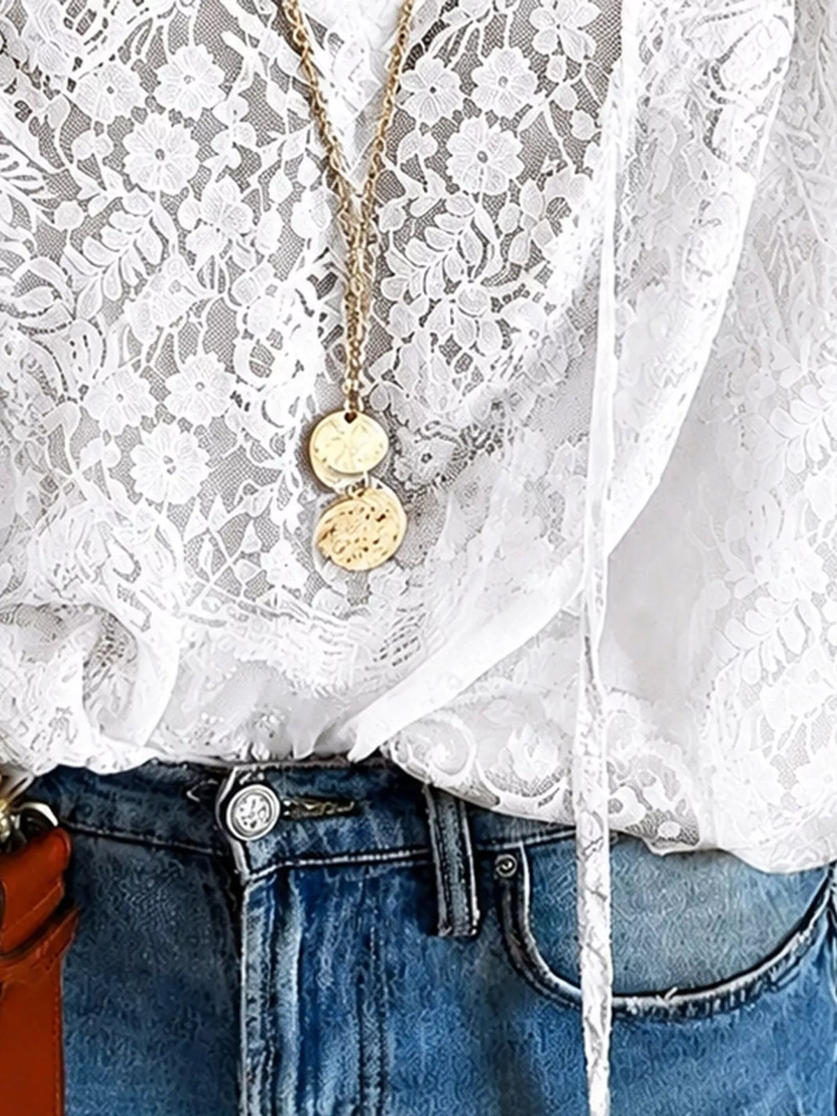 White lace long sleeve blouse, detail view