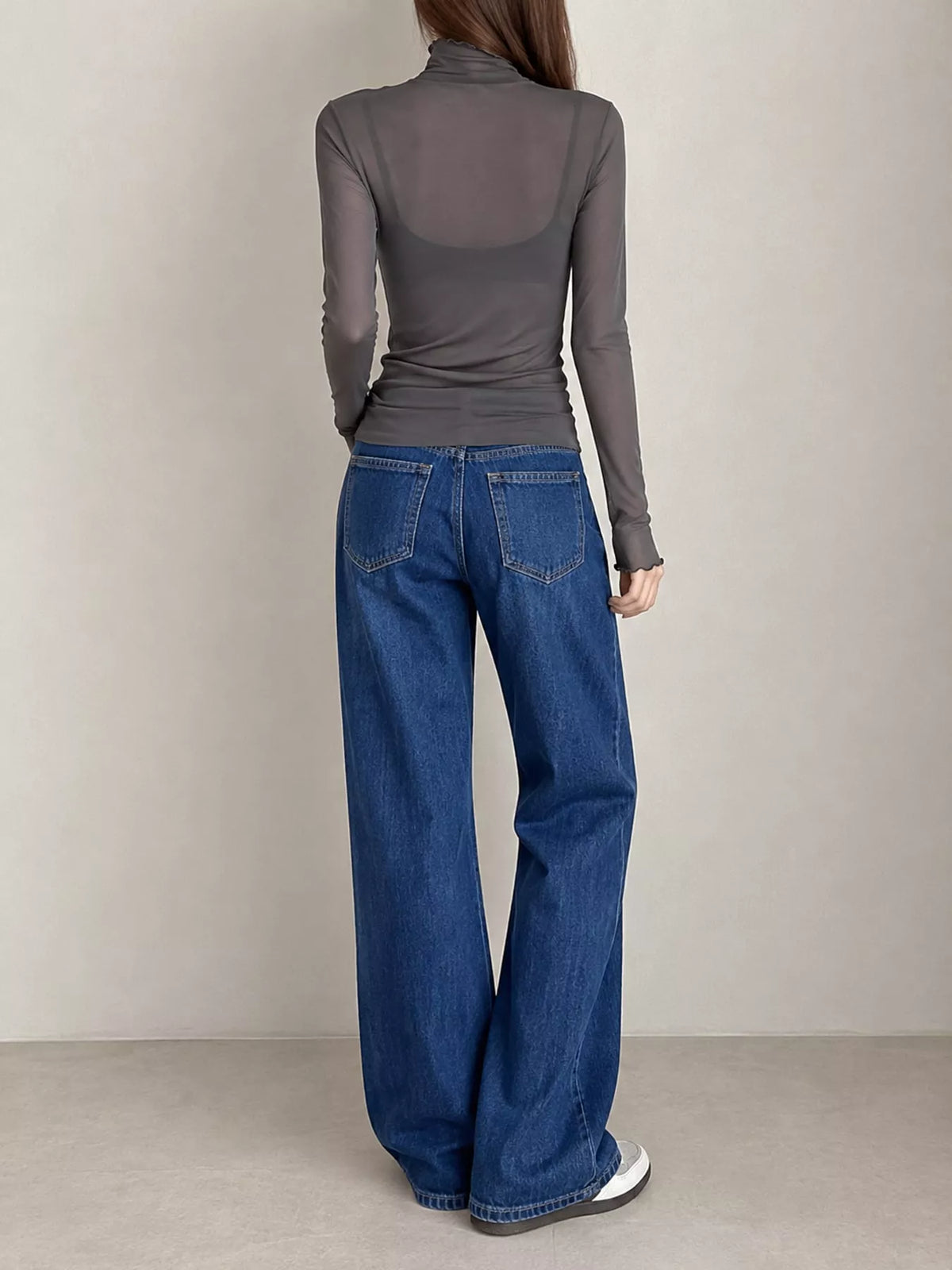 Gray sheer turtleneck mesh t-shirt, back view