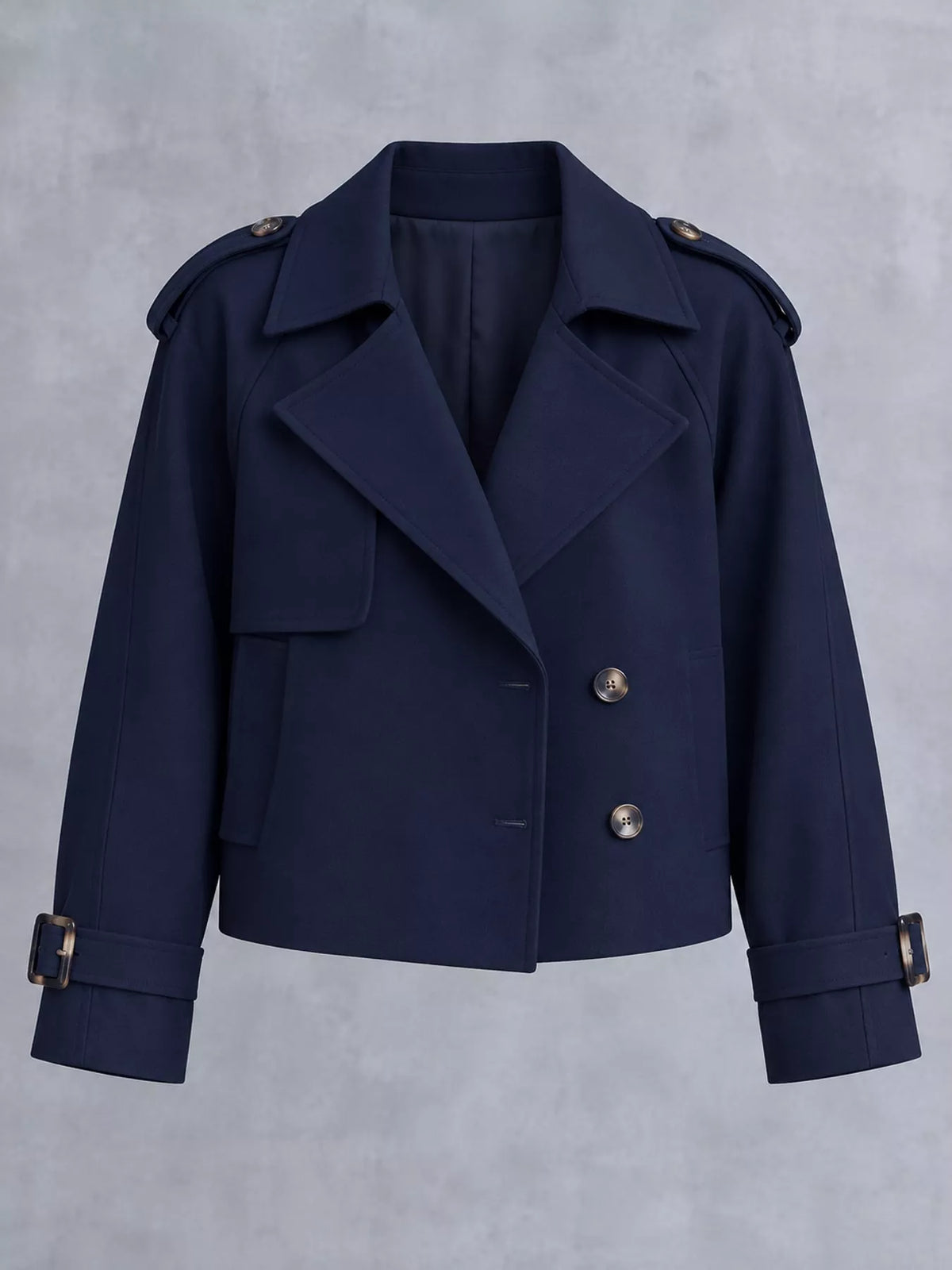 Women's Double-Breasted Cropped Trench Coat in navy — flat lay view