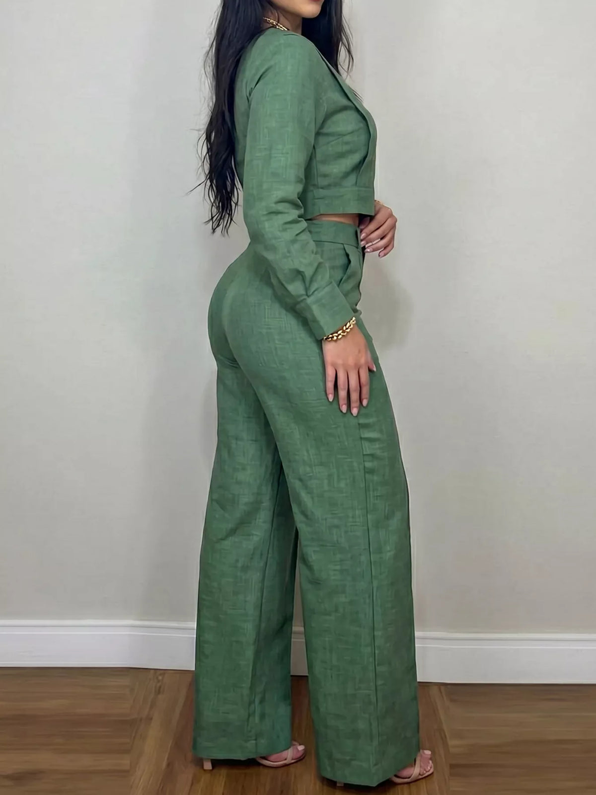 Crop Top and Wide-Leg Pants Set in green, back view