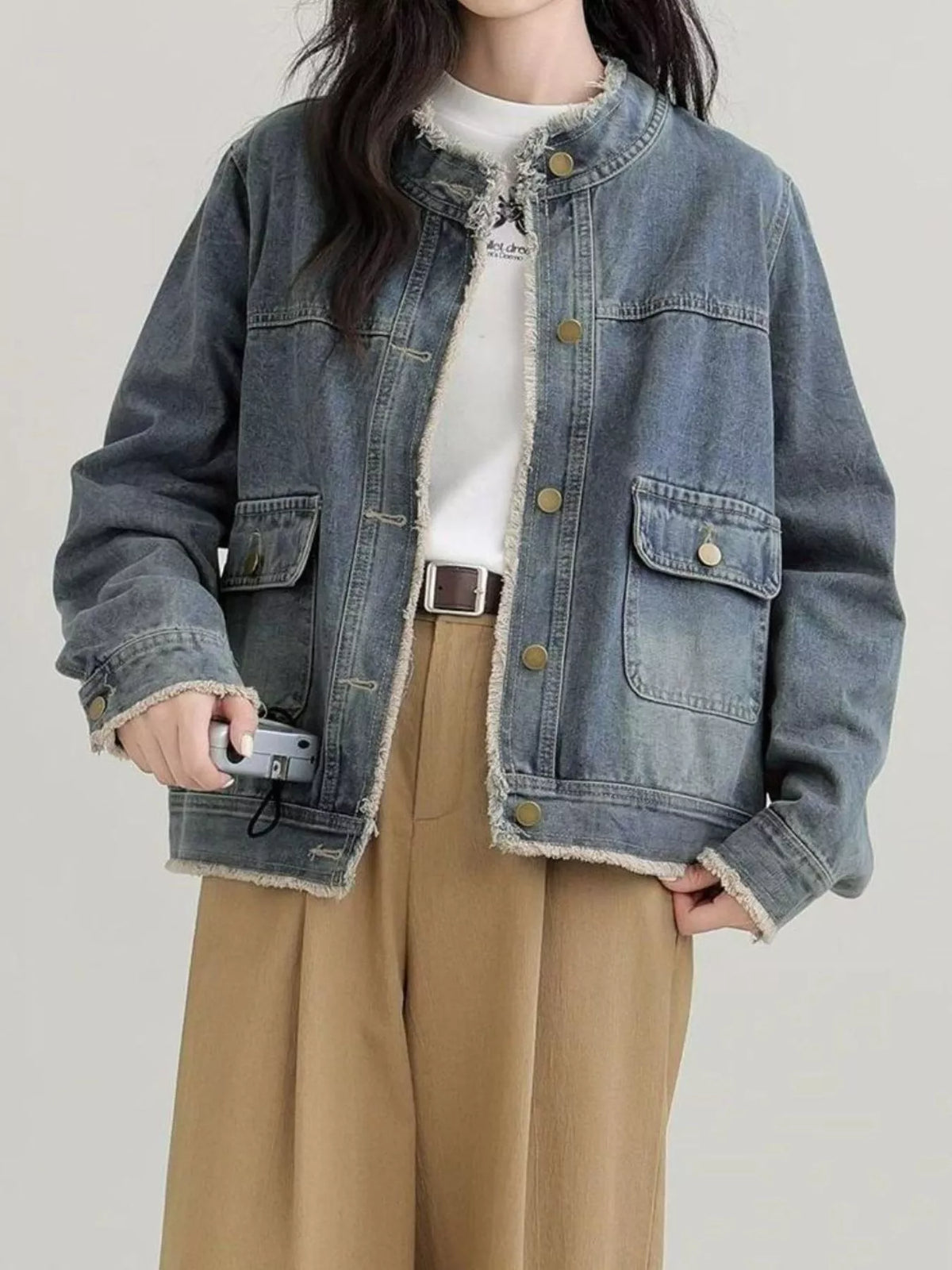 Distressed Frayed-Edge Denim Jacket with Utility Pockets — front view