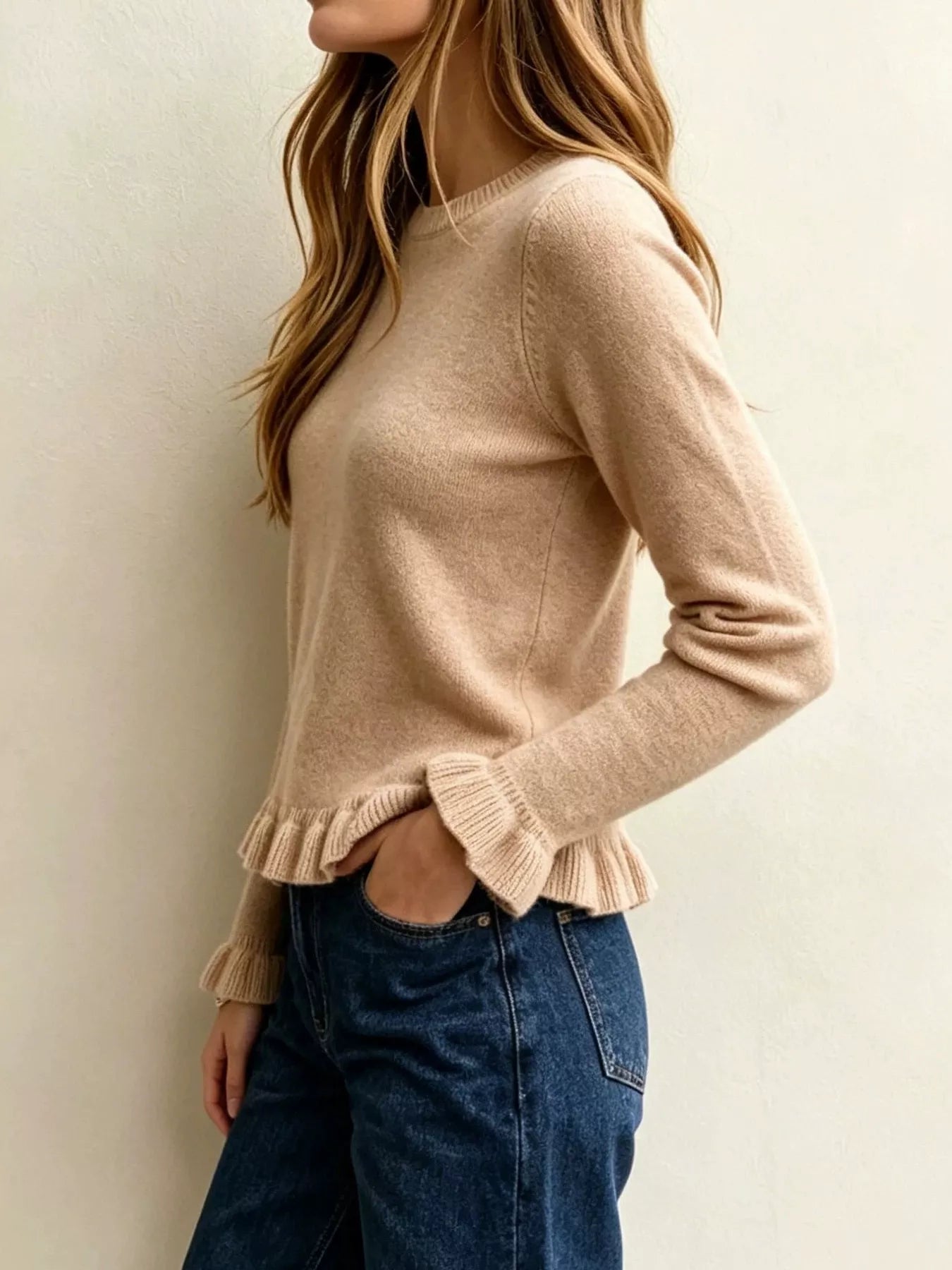 Trendsi Ruffle-Trimmed Crew Neck Sweater -