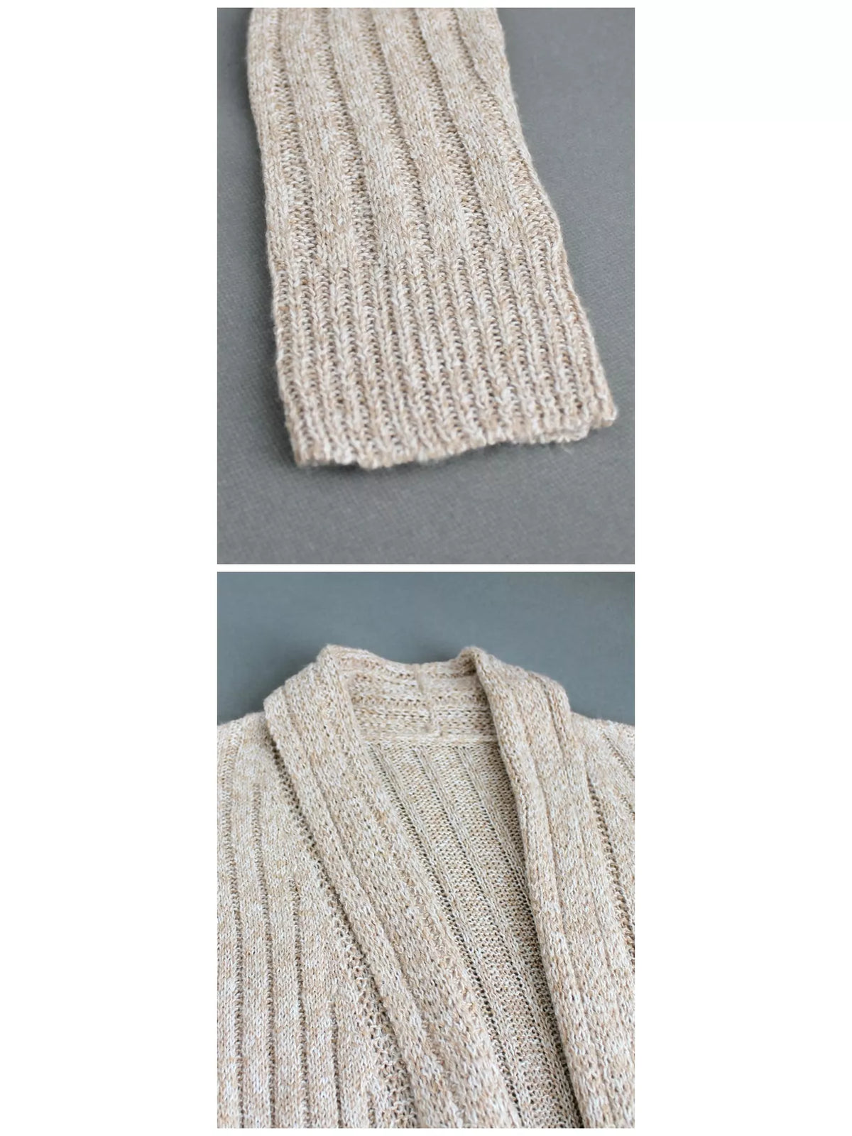 Apricot ribbed knit open front flared cardigan, detail view