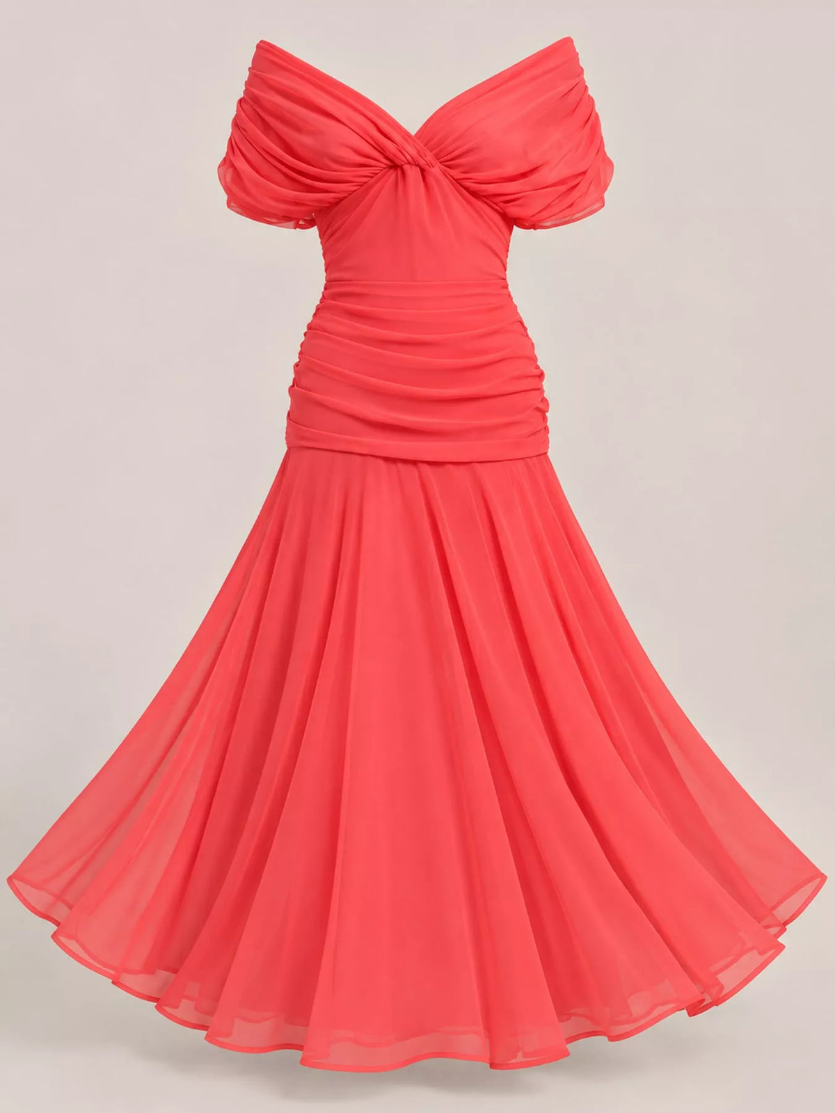 Red off shoulder ruched tulle evening dress, front view