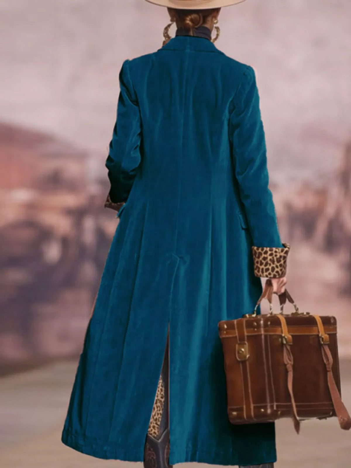Royal Blue-Velvet Version button up longline coat, back view