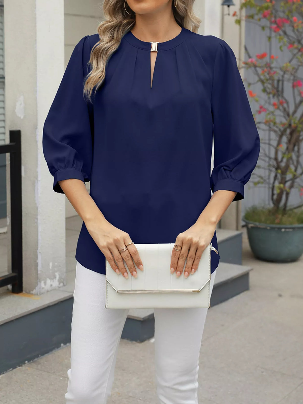 V-Neck Metal Buckle Detail Blouse in navy blue