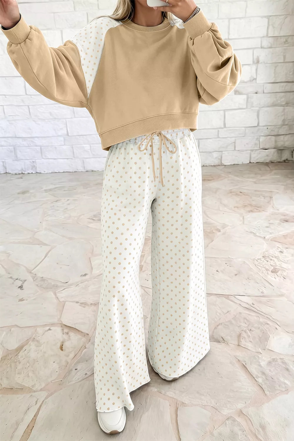 Trendsi Polka Dot Patchwork Colorblock Long Sleeve Casual Two Piece Pants Set -