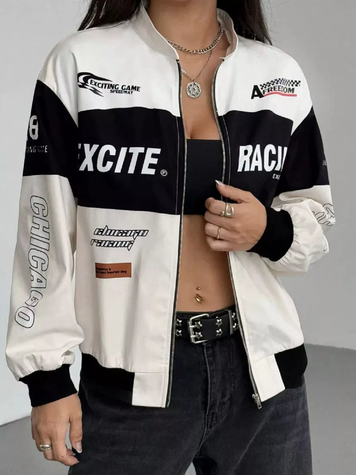 White and black letter-print zip-front jacket, open front view
