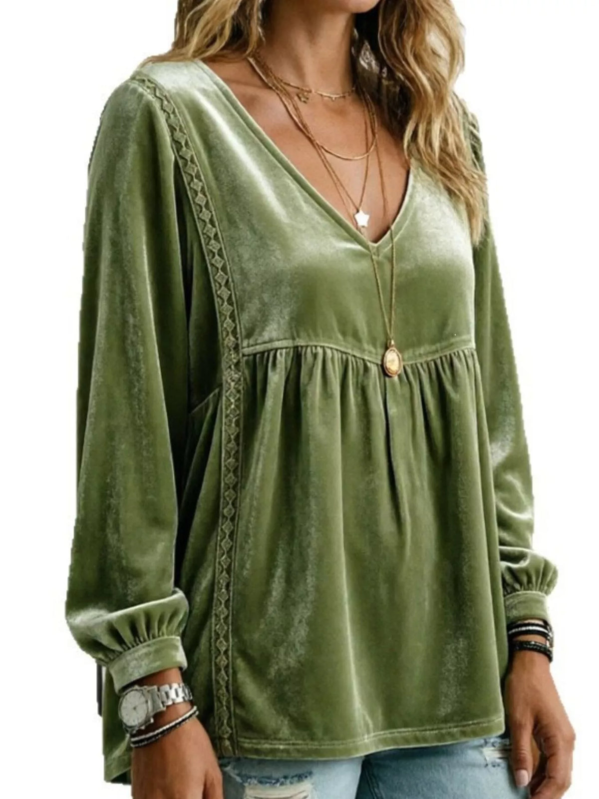 Women's V-Neck Long-Sleeve Velvet Blouse with Lace Trim — alternate view 9