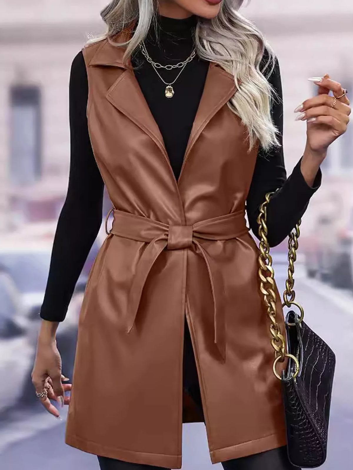 Tie Waist Longline Vest in brown, front view