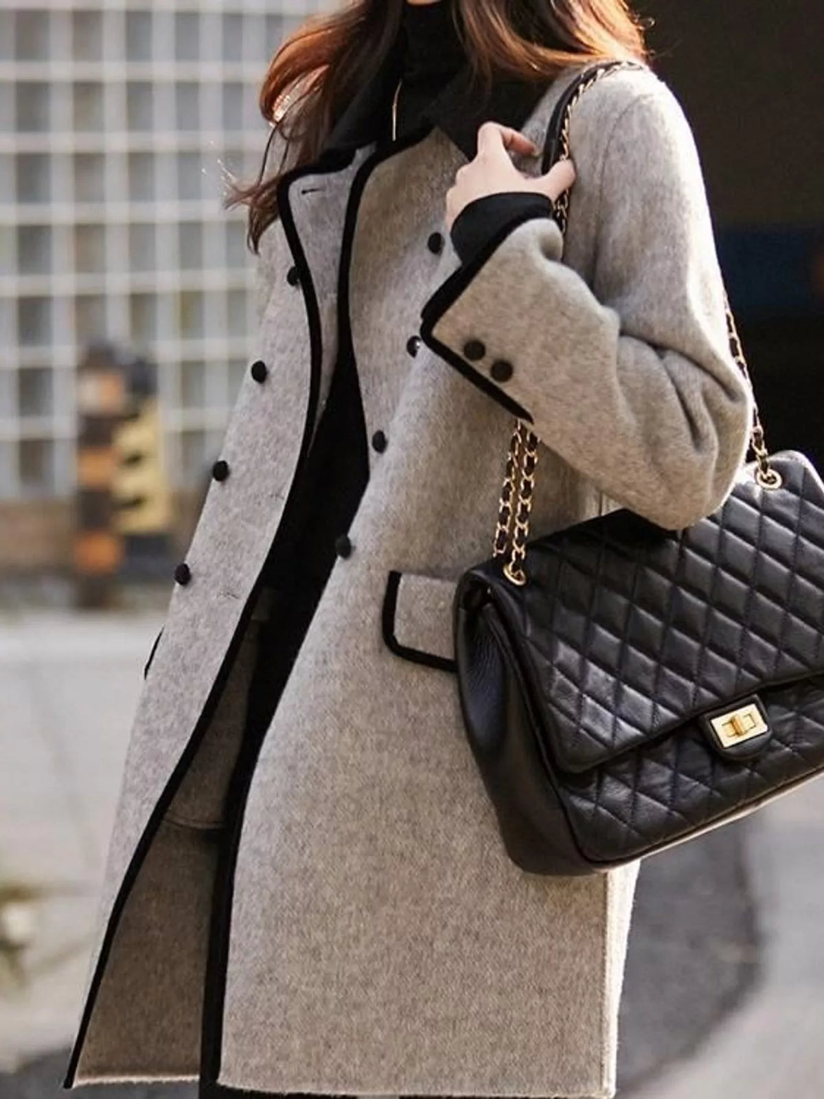 Gray double breasted coat with contrast trim, front view
