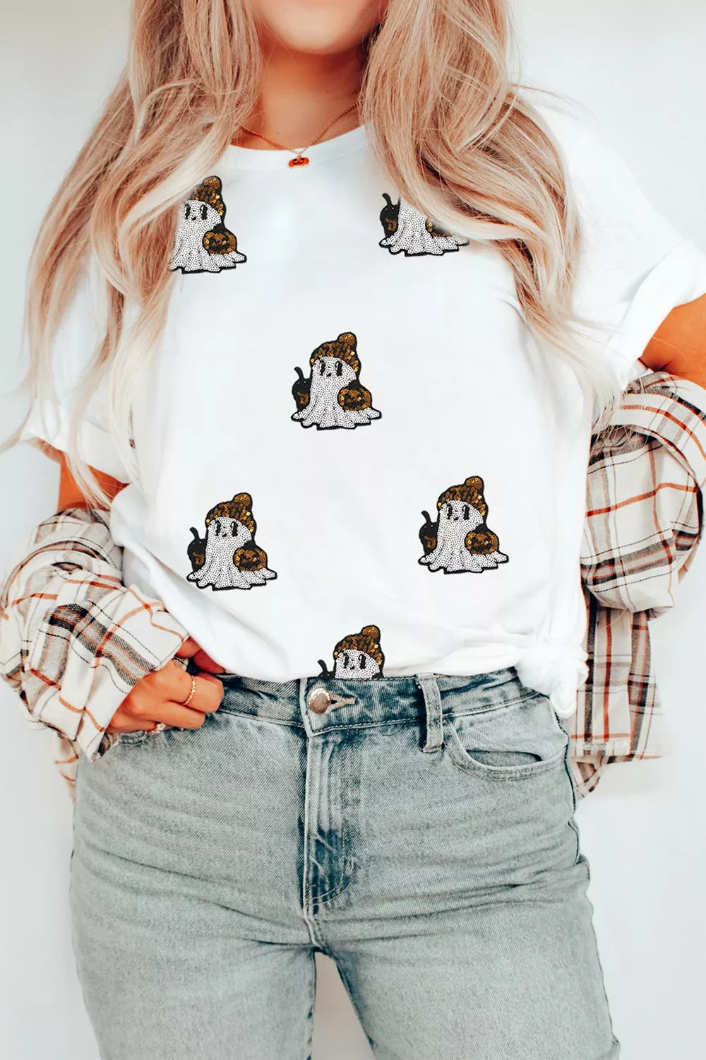 Trendsi Full Size Halloween Sequin Ghost Print Short Sleeve Casual T-Shirt Plus Size -