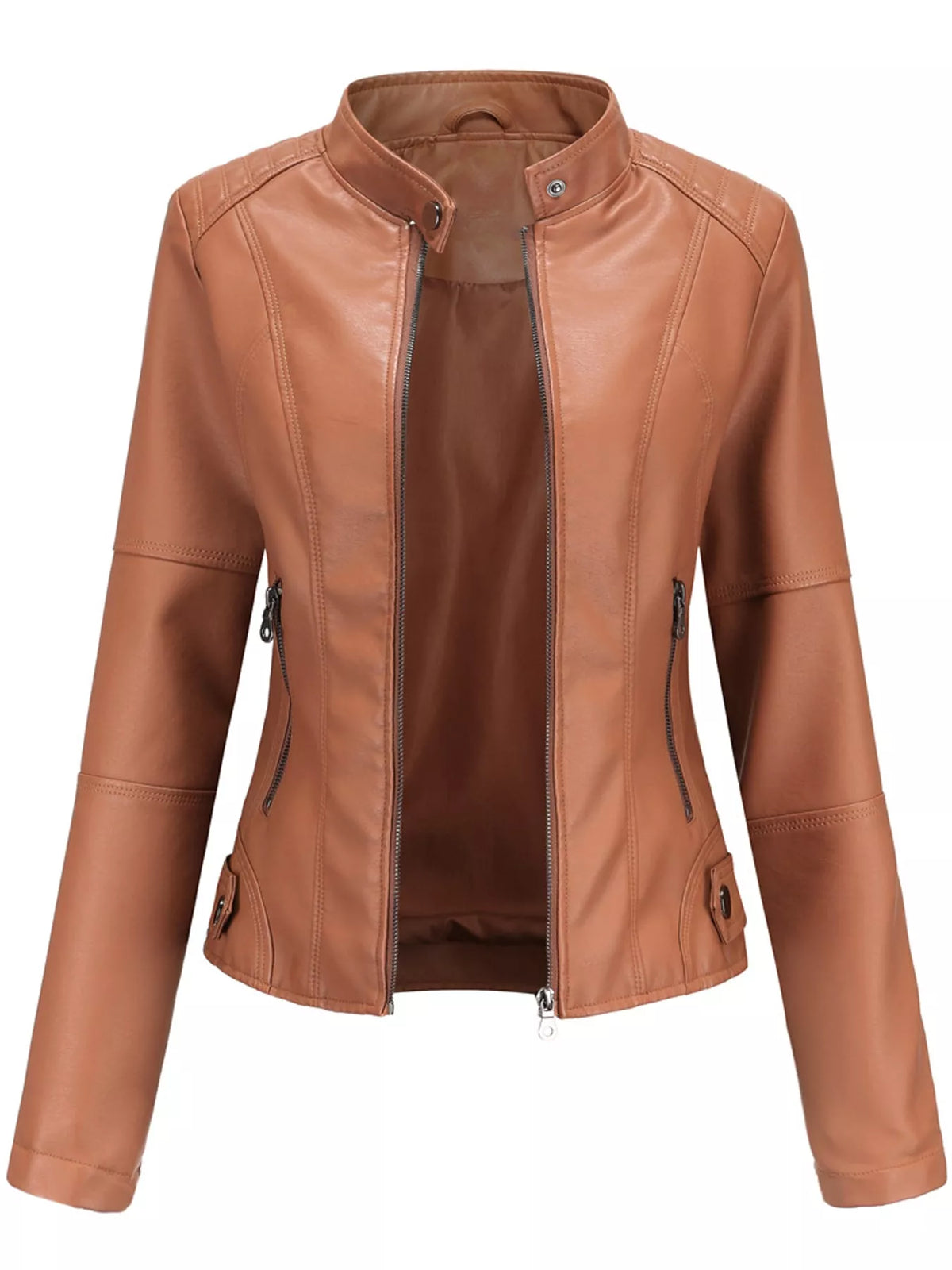 Faux-leather moto jacket, tan open front